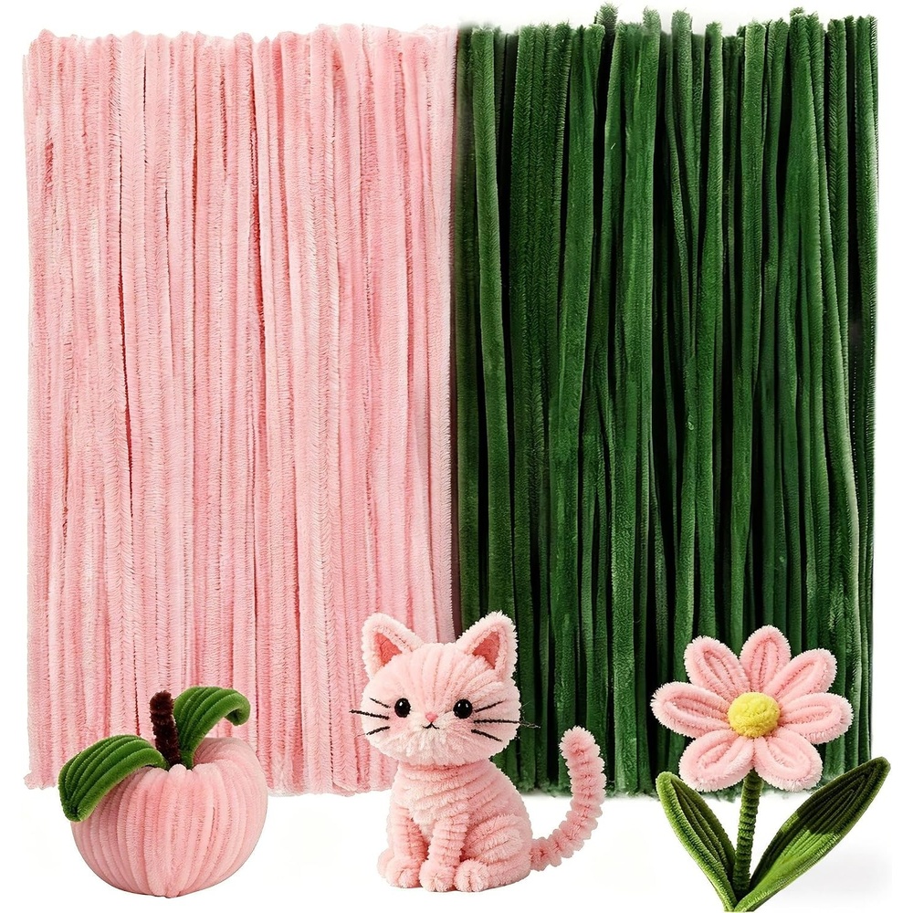 Caydo 200 Pieces Halloween Pipe Cleaners with 100PCS Wiggle Eyes, 8 Colors(Jade Pink & Moss Green)