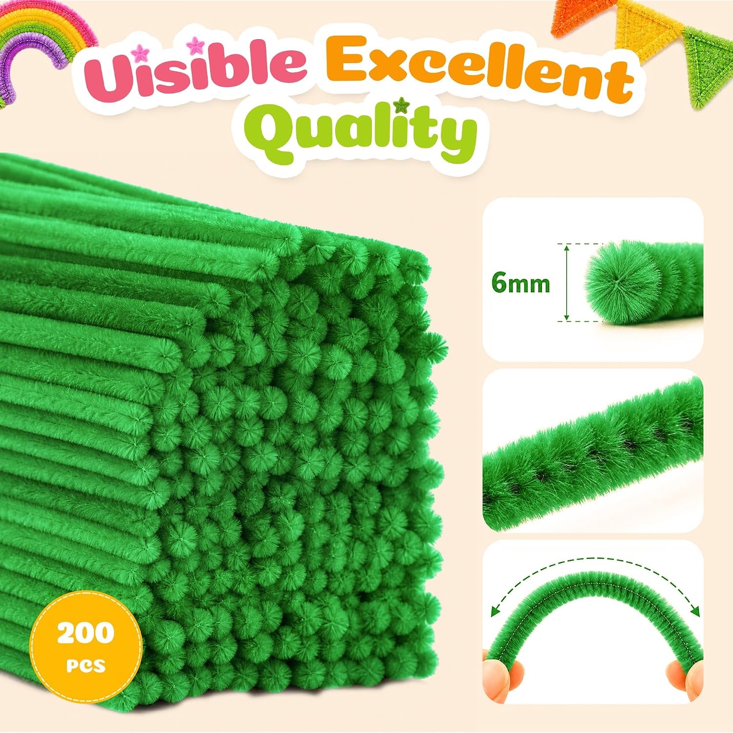 Caydo 200 Pieces Halloween Pipe Cleaners with 100PCS Wiggle Eyes, 8 Colors(Fruit Green)