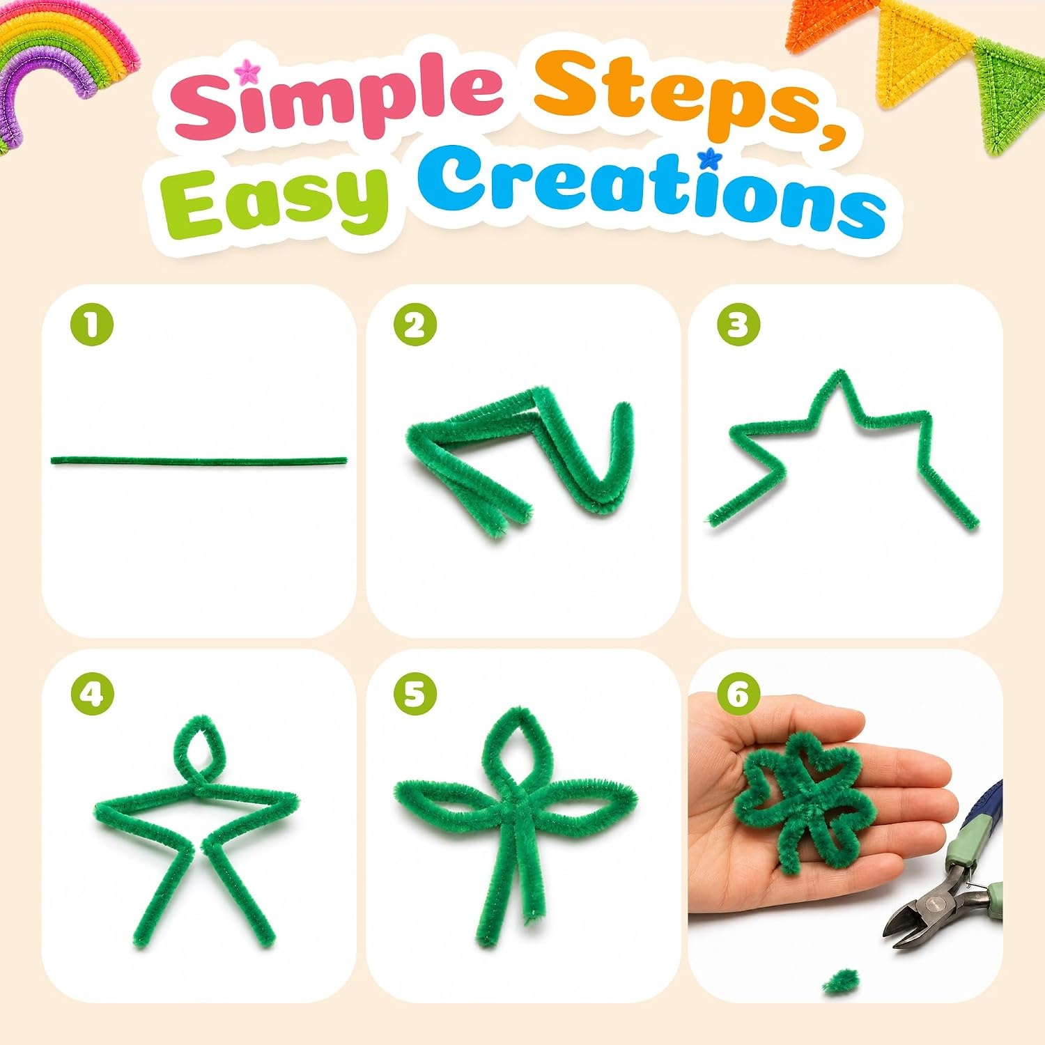 Caydo 200 Pieces Halloween Pipe Cleaners with 100PCS Wiggle Eyes, 8 Colors(Fruit Green)