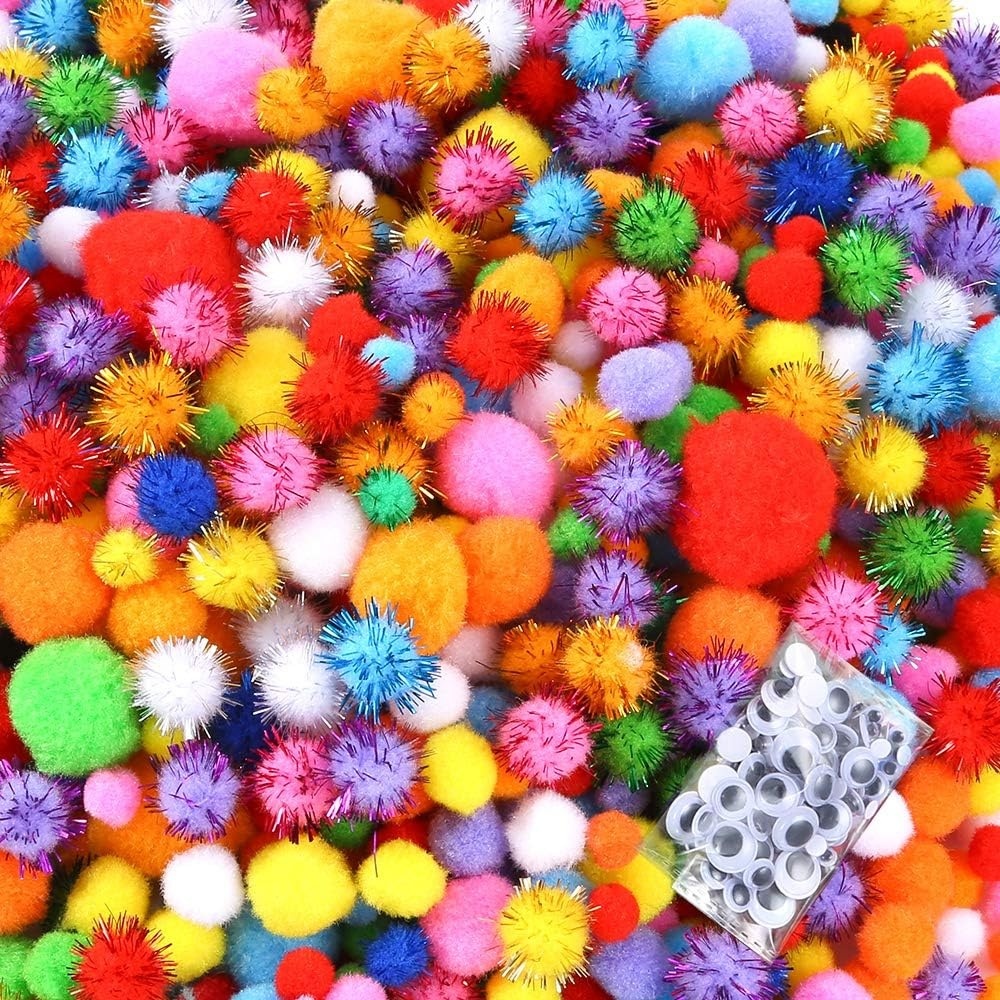 Caydo 2000 Pieces Assorted Sizes Multicolor Pompoms Glitter Pom Poms with 4 Sizes Wiggle Eyes for Easter Decorations, Hobby DIY Art Craft Supplies