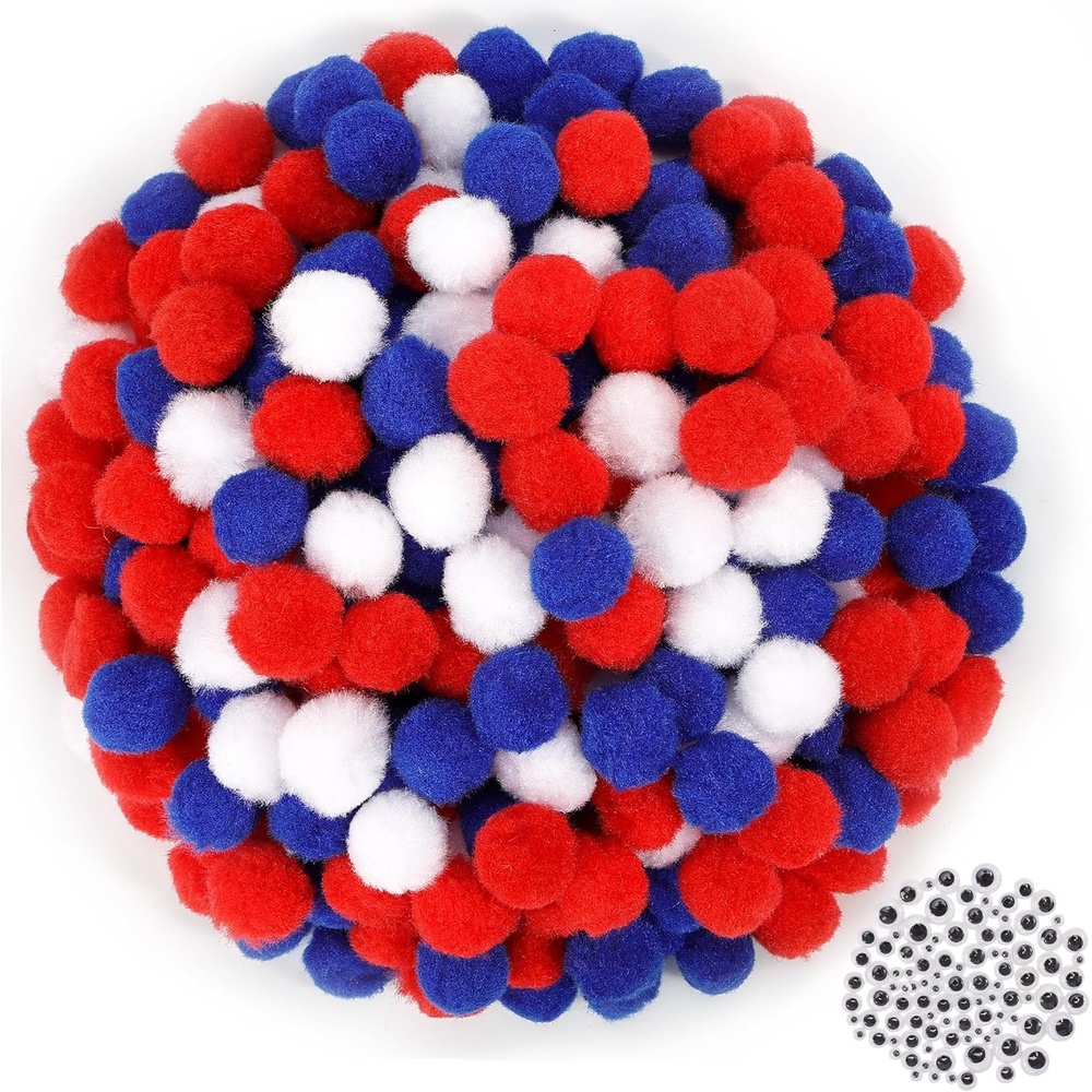 Caydo 300PCS Black Pom Poms with 100PCS Wiggle Eyes, 1 Inch Pom Pom Balls for Kids Art and Craft Projects Making and Classroom Craft Activities(Red White Blue)