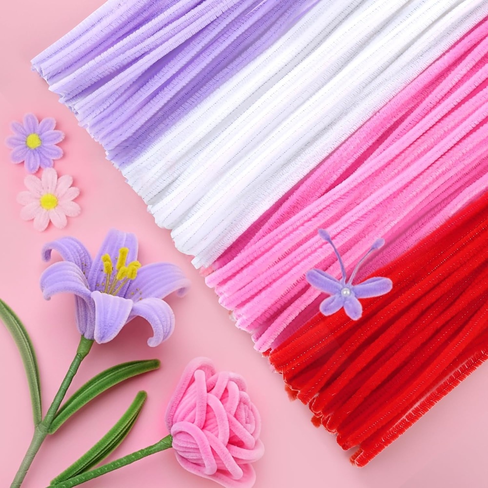 Caydo 200 Pieces Orange Pipe Cleaners for Flowers Making, Craft Chenille Stems for Kids Creative DIY Art Crafts and Home Decorations (12 Inch x 6 mm)(Red  Pink  White & Purple)