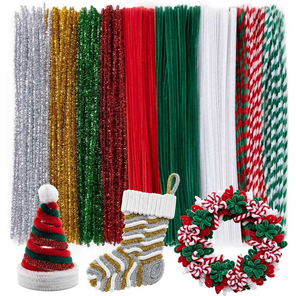 Caydo 200 Pieces Halloween Pipe Cleaners with 100PCS Wiggle Eyes, 8 Colors(10 Colors(Christmas))