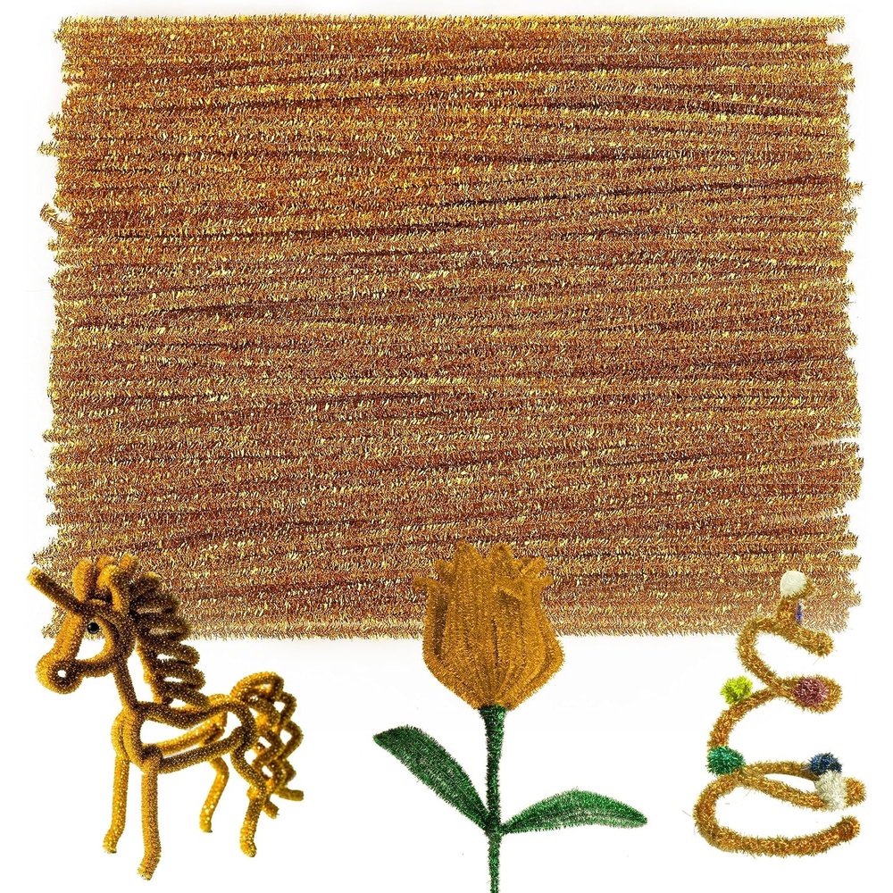 Caydo 100 Pieces Moss Green Pipe Cleaners Craft, Flexible Chenille Stems Bulk for Kids DIY Arts Crafts Project and Home Decoration, 6 mm x 12 Inch(Glitter Gold)