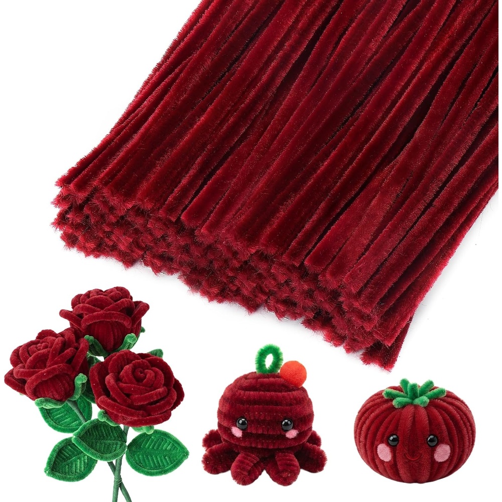 Caydo 100 Pieces Moss Green Pipe Cleaners Craft, Flexible Chenille Stems Bulk for Kids DIY Arts Crafts Project and Home Decoration, 6 mm x 12 Inch(Wine Red)