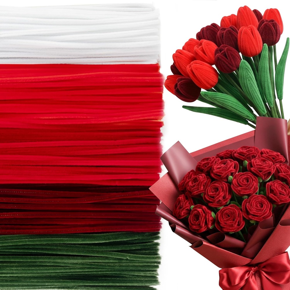 Caydo 500 Pieces Blue Flowers Pipe Cleaners, Craft Chenille Stems Bulk for DIY Art and Craft Projects Creative Gift and Home Decorations(Red Flowers)