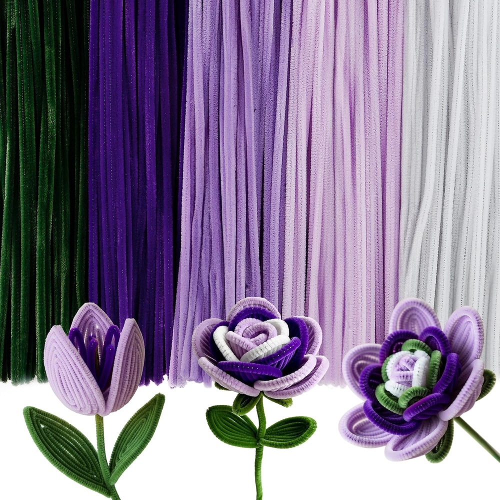 Caydo 500 Pieces Blue Flowers Pipe Cleaners, Craft Chenille Stems Bulk for DIY Art and Craft Projects Creative Gift and Home Decorations(Purple Flowers)