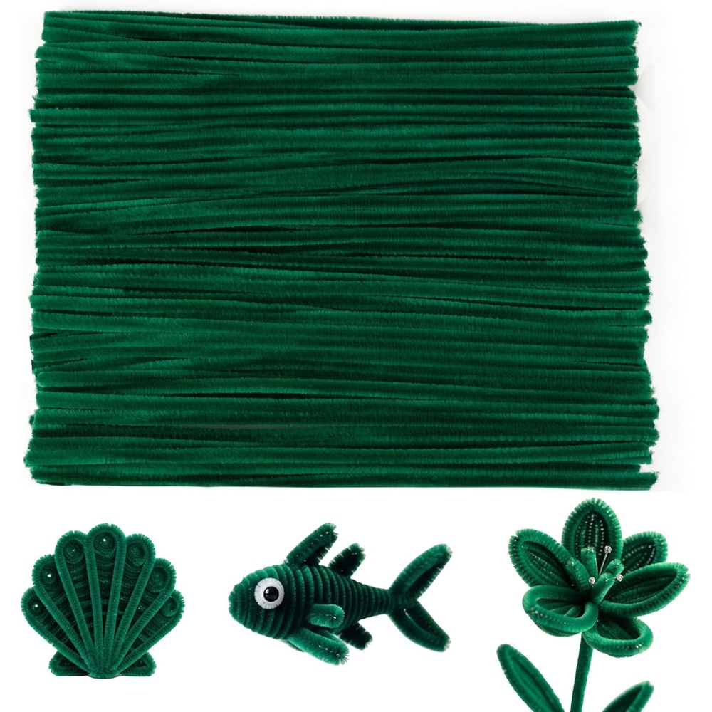 Caydo 100 Pieces Moss Green Pipe Cleaners Craft, Flexible Chenille Stems Bulk for Kids DIY Arts Crafts Project and Home Decoration, 6 mm x 12 Inch(Dark Green)