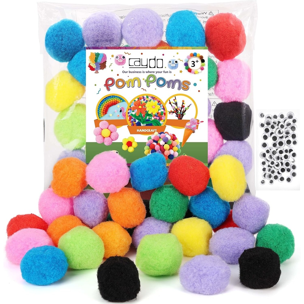 Caydo [200pcs] 100pcs 2 inch Large Pom Poms with 100pcs Wiggle Eyes, Assorted Colors Craft Pompom Balls for DIY Crafts Projects Easter Decorations