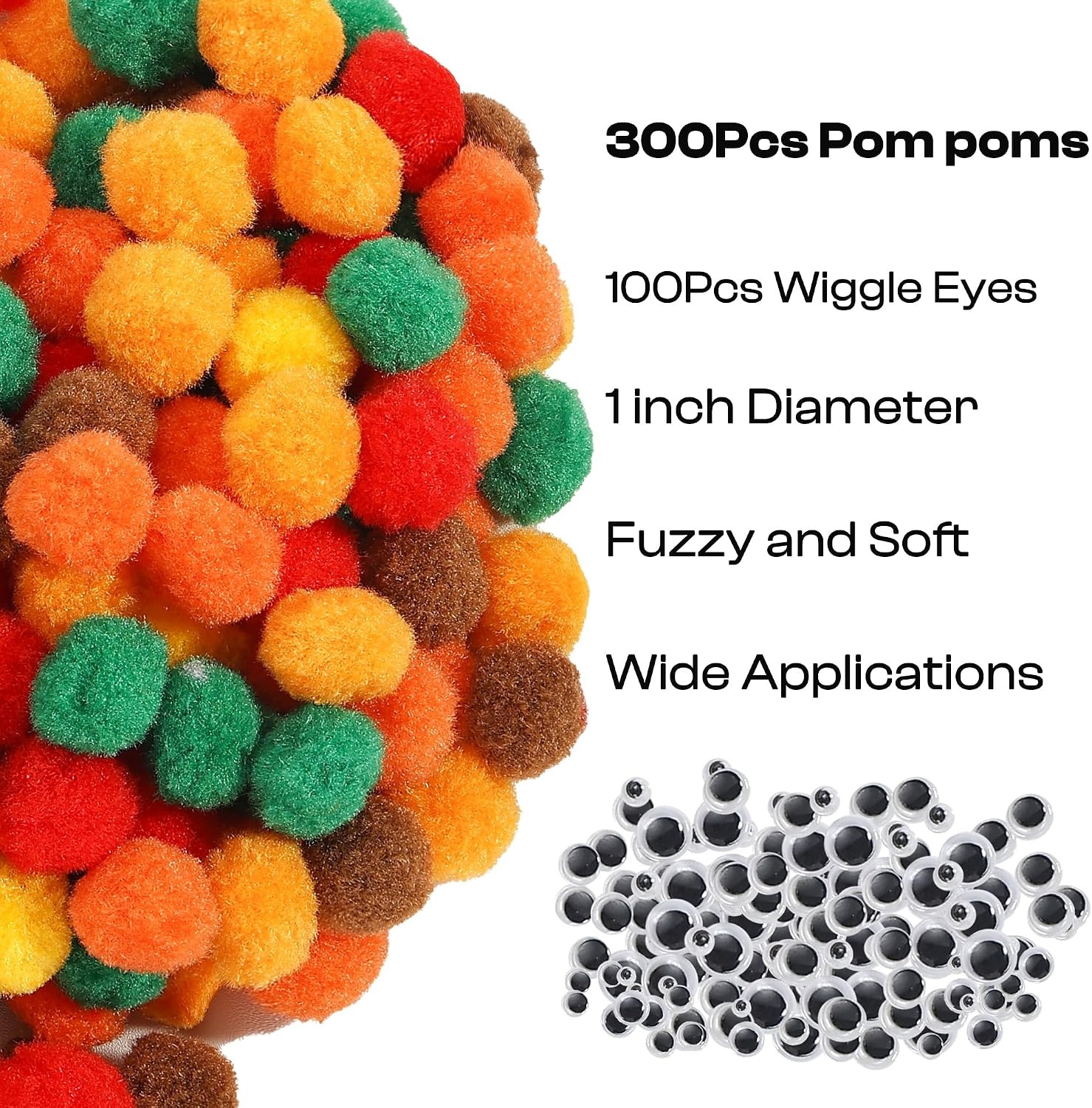 Caydo 300PCS Black Pom Poms with 100PCS Wiggle Eyes, 1 Inch Pom Pom Balls for Kids Art and Craft Projects Making and Classroom Craft Activities(Gradient Orange)