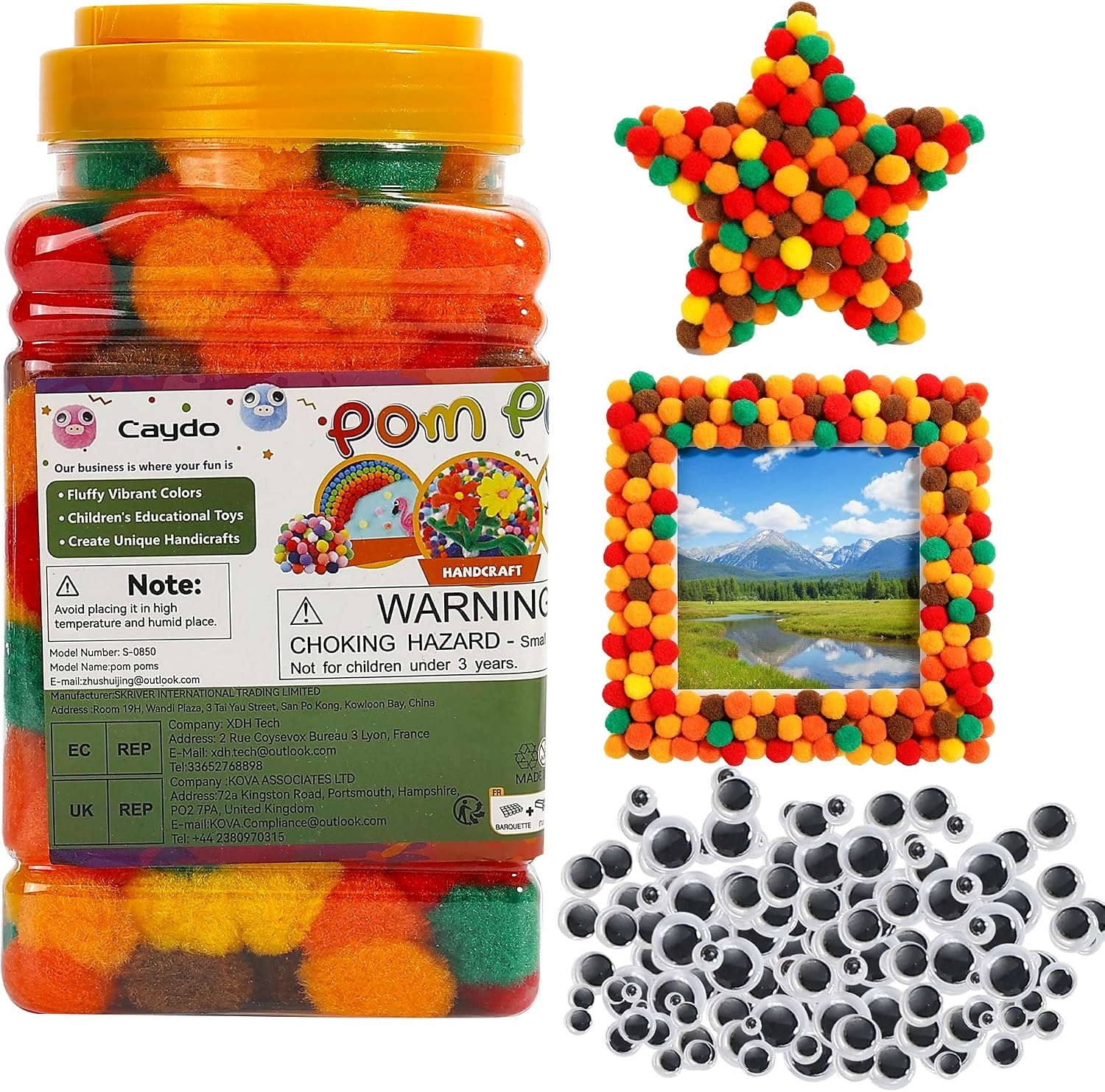 Caydo 300PCS Black Pom Poms with 100PCS Wiggle Eyes, 1 Inch Pom Pom Balls for Kids Art and Craft Projects Making and Classroom Craft Activities(Gradient Orange)