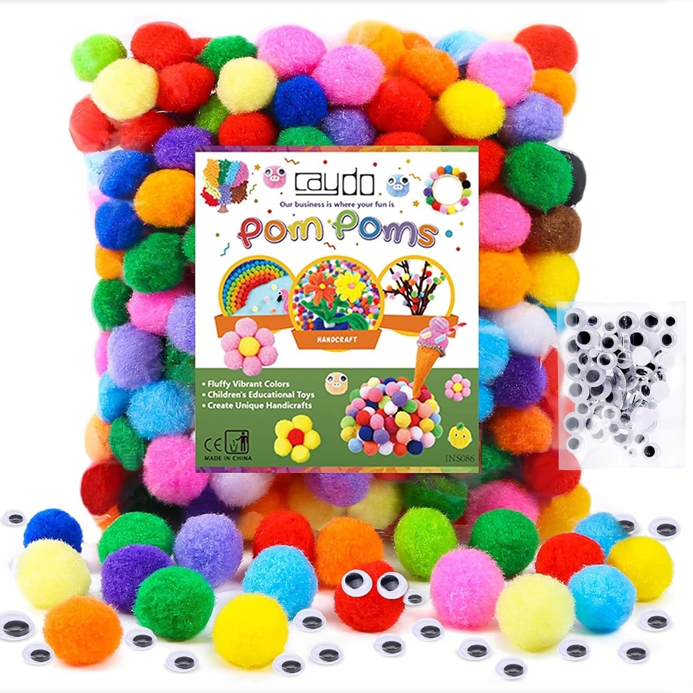Caydo 300PCS Black Pom Poms with 100PCS Wiggle Eyes, 1 Inch Pom Pom Balls for Kids Art and Craft Projects Making and Classroom Craft Activities(Multicolor)