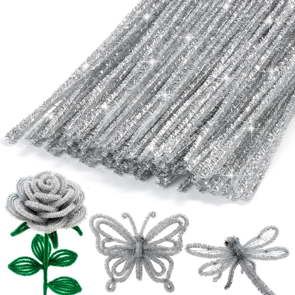 Caydo 100 Pieces Moss Green Pipe Cleaners Craft, Flexible Chenille Stems Bulk for Kids DIY Arts Crafts Project and Home Decoration, 6 mm x 12 Inch(Glitter Silver)