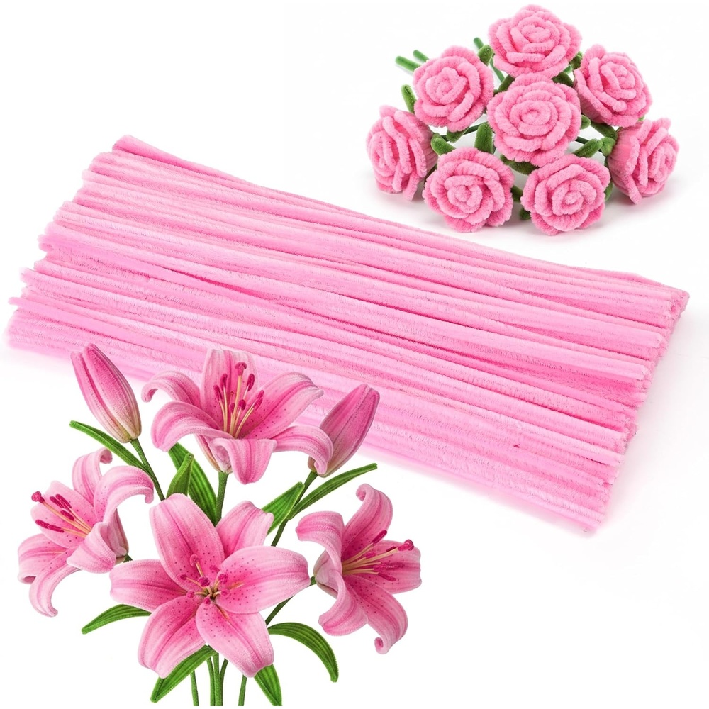 Caydo 100 Pieces Moss Green Pipe Cleaners Craft, Flexible Chenille Stems Bulk for Kids DIY Arts Crafts Project and Home Decoration, 6 mm x 12 Inch(Pink)