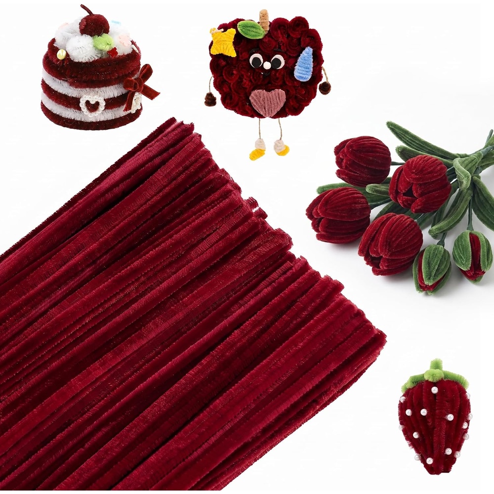 Caydo 200 Pieces Halloween Pipe Cleaners with 100PCS Wiggle Eyes, 8 Colors(Wine Red)