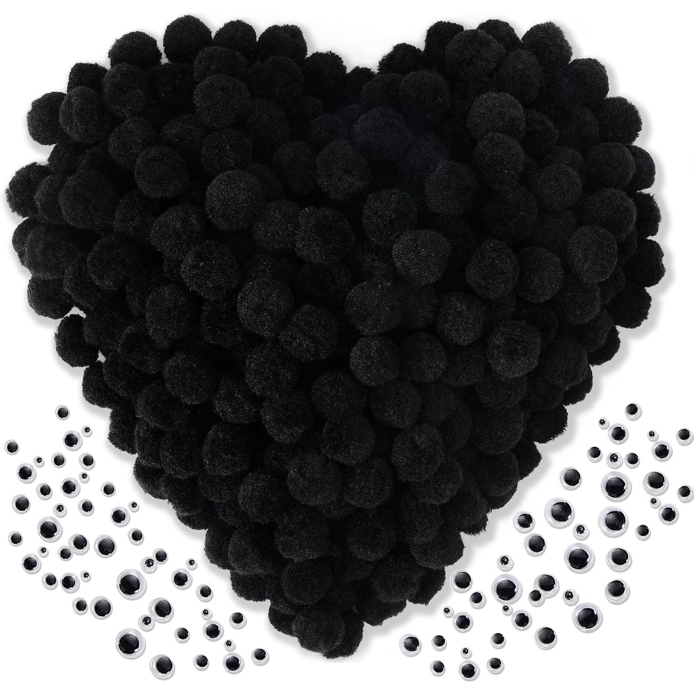 Caydo [400 pcs] – 300 Pieces Green Pom Poms for Crafts with 100 Wiggle Eyes, 1 Inch Craft Pompom Balls for Kids Creative DIY Crafts and Easter Decorations(Black)