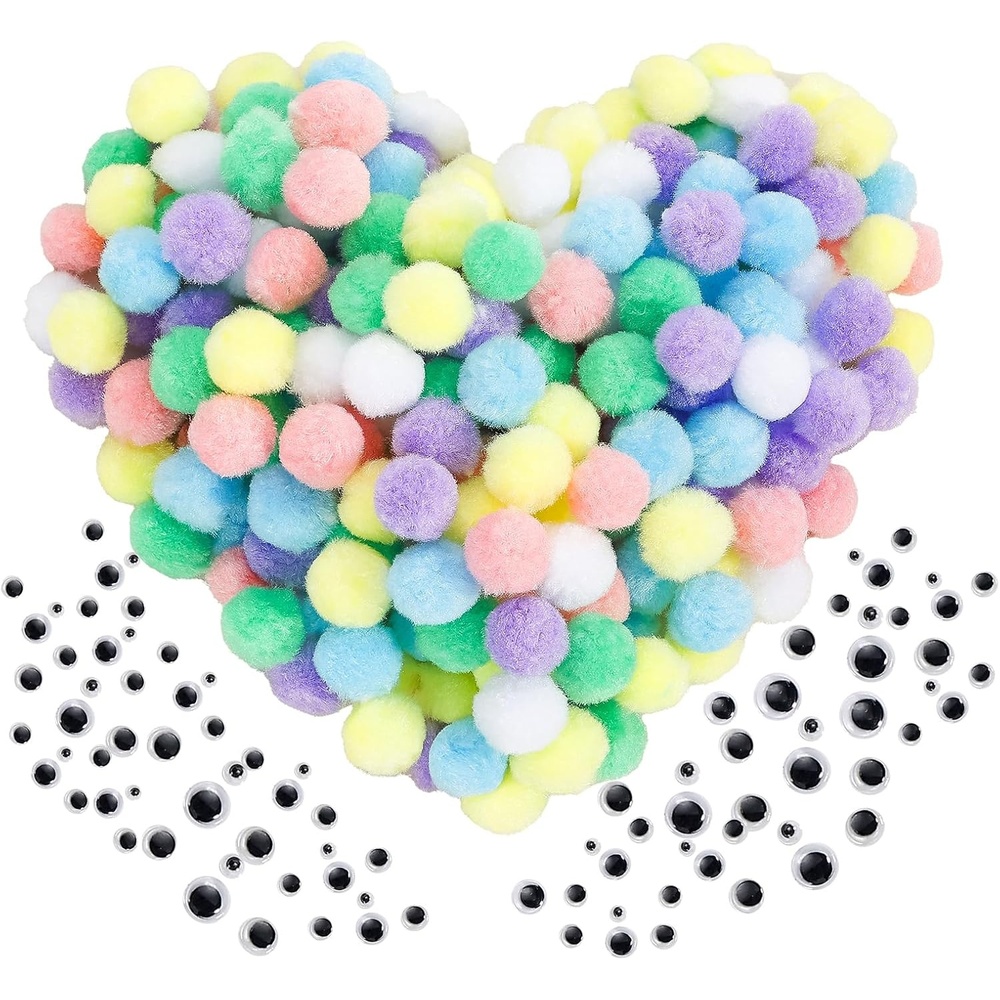 Caydo [400 pcs] – 300 Pieces Green Pom Poms for Crafts with 100 Wiggle Eyes, 1 Inch Craft Pompom Balls for Kids Creative DIY Crafts and Easter Decorations(Macaroon)