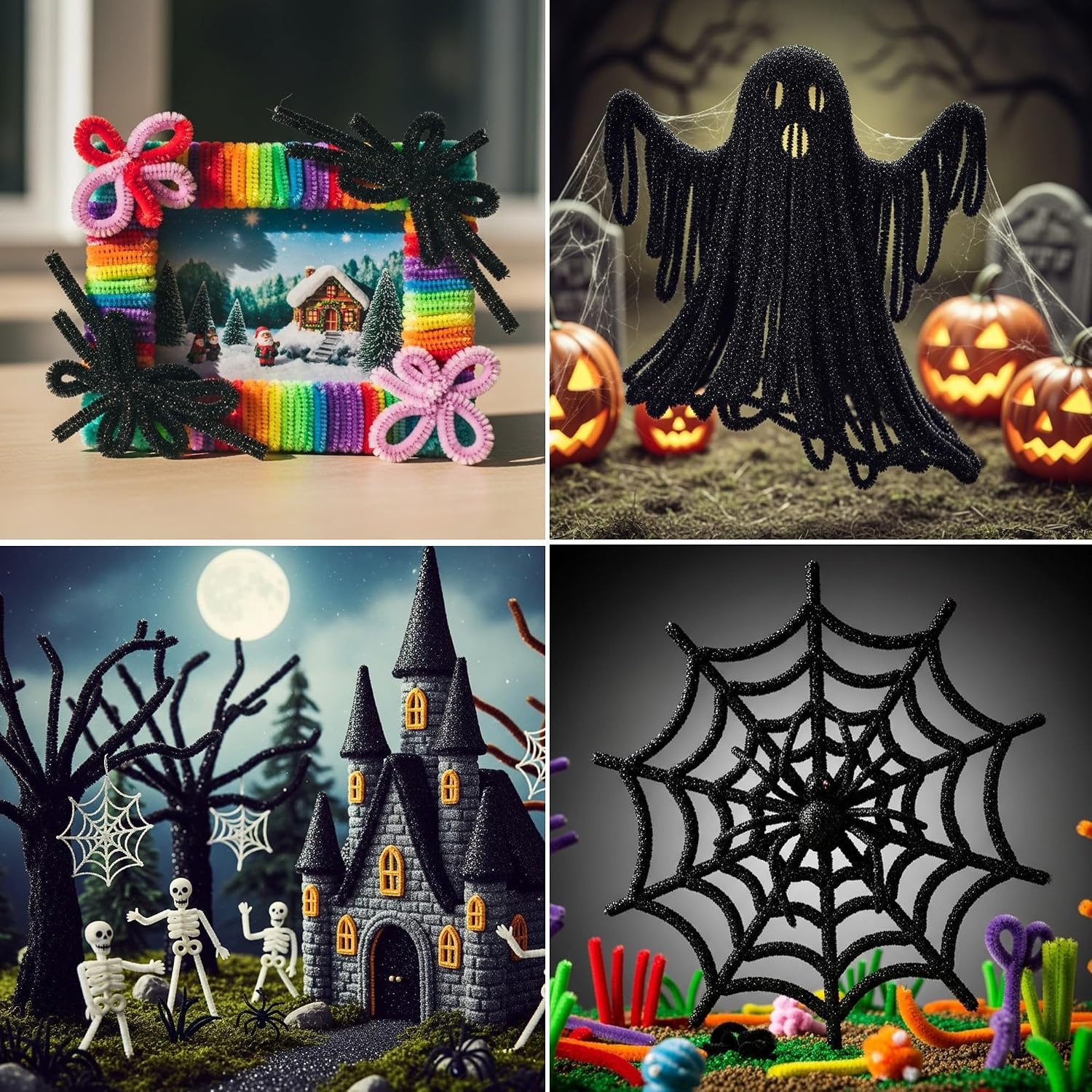 Caydo 200 Pieces Halloween Pipe Cleaners with 100PCS Wiggle Eyes, 8 Colors(Glitter Black)