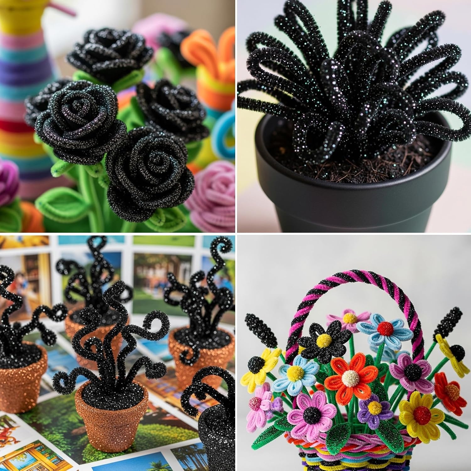 Caydo 200 Pieces Halloween Pipe Cleaners with 100PCS Wiggle Eyes, 8 Colors(Glitter Black)