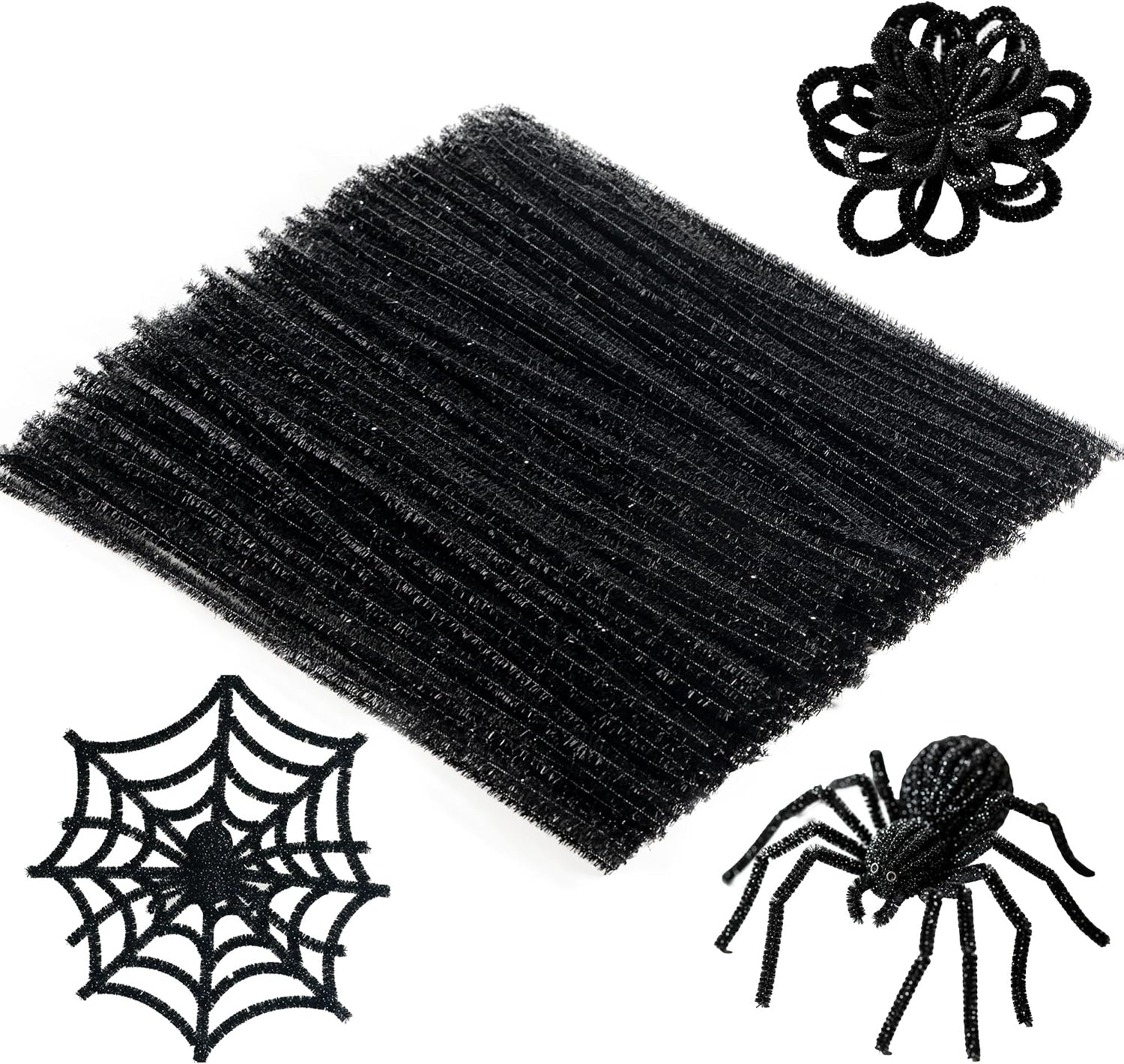Caydo 200 Pieces Halloween Pipe Cleaners with 100PCS Wiggle Eyes, 8 Colors(Glitter Black)