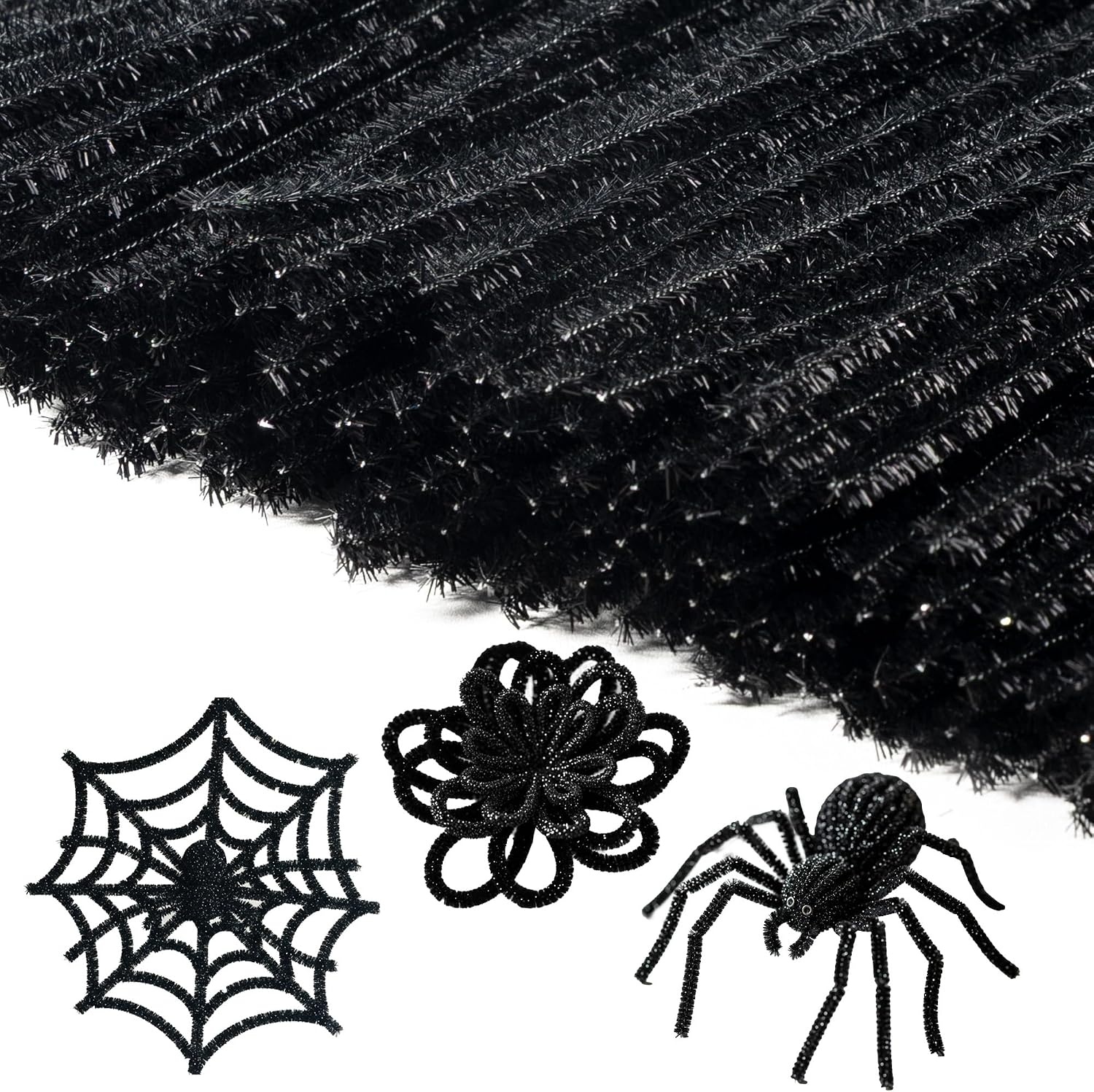 Caydo 200 Pieces Halloween Pipe Cleaners with 100PCS Wiggle Eyes, 8 Colors(Glitter Black)