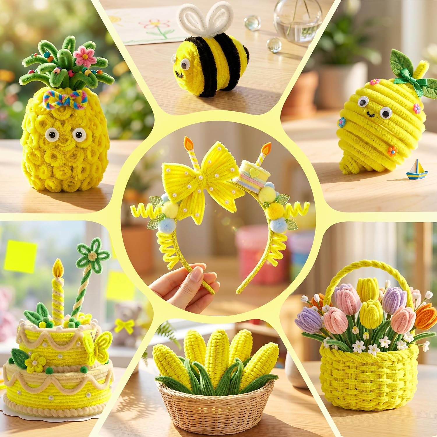 Caydo 200 Pieces Halloween Pipe Cleaners with 100PCS Wiggle Eyes, 8 Colors(Lemon Yellow)