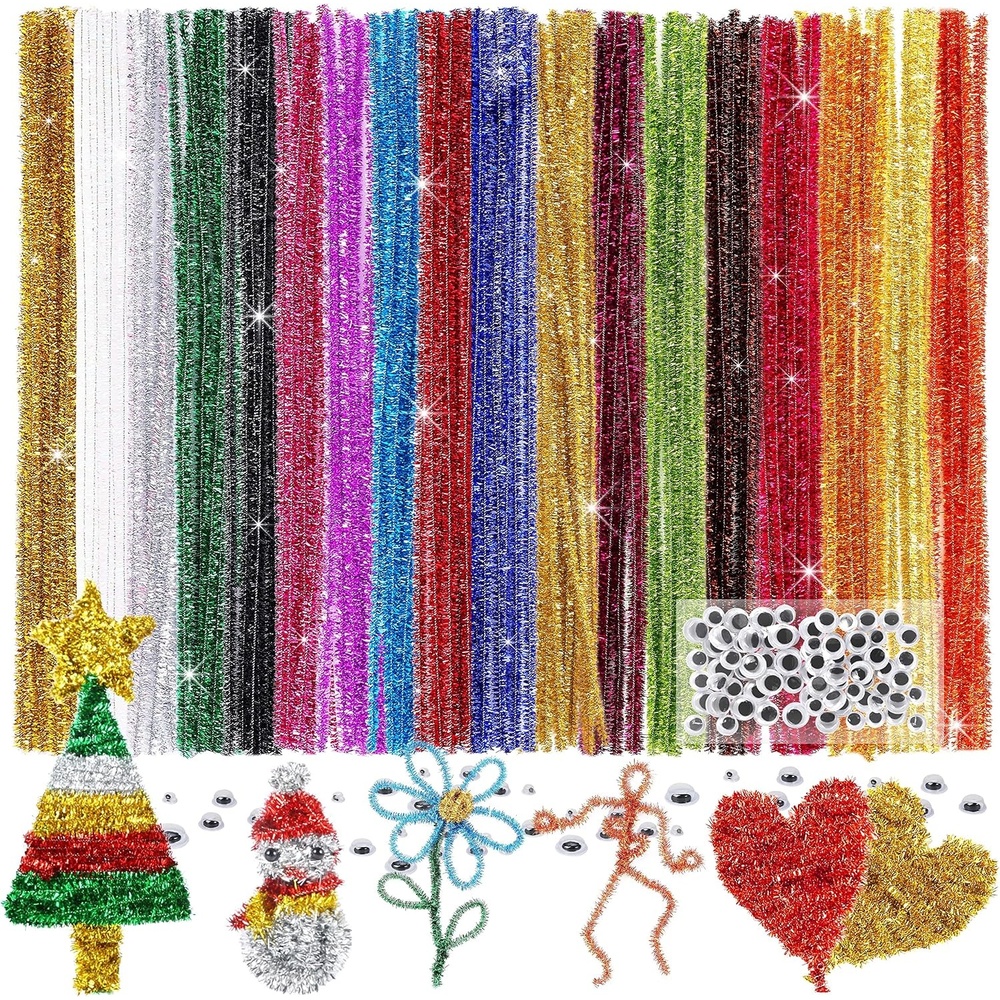 Caydo 200 Pieces Glitter Pipe Cleaners with 100 Pieces Wiggle Eyes 14 Colors Chenille Stems Metallic Sparkle Craft Pipe Cleaner for DIY Art,Crafts Creative Projects,and Easter Decorations