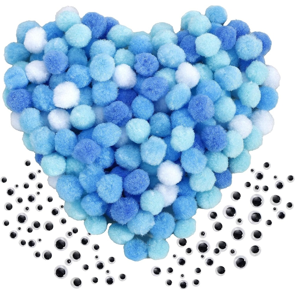 Caydo [400 pcs] – 300 Pieces Green Pom Poms for Crafts with 100 Wiggle Eyes, 1 Inch Craft Pompom Balls for Kids Creative DIY Crafts and Easter Decorations(Gradient Blue)