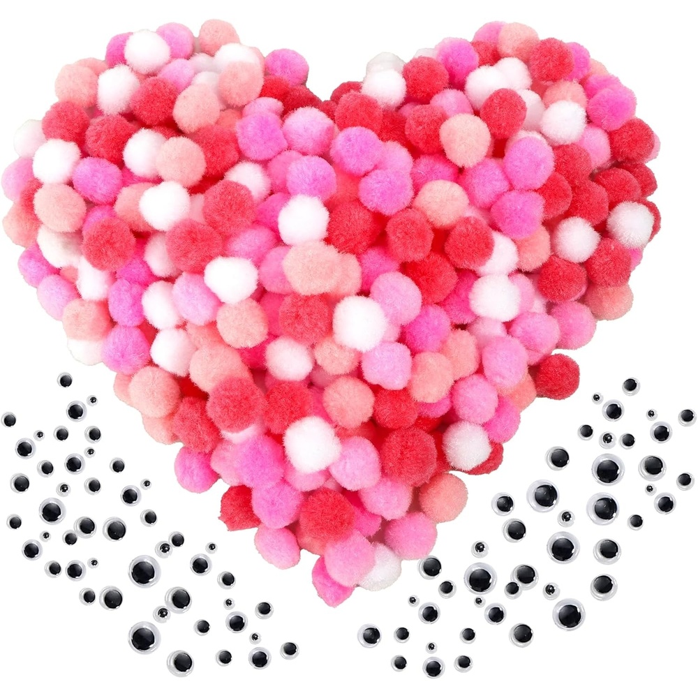 Caydo 300PCS Black Pom Poms with 100PCS Wiggle Eyes, 1 Inch Pom Pom Balls for Kids Art and Craft Projects Making and Classroom Craft Activities(Gradient Pink)