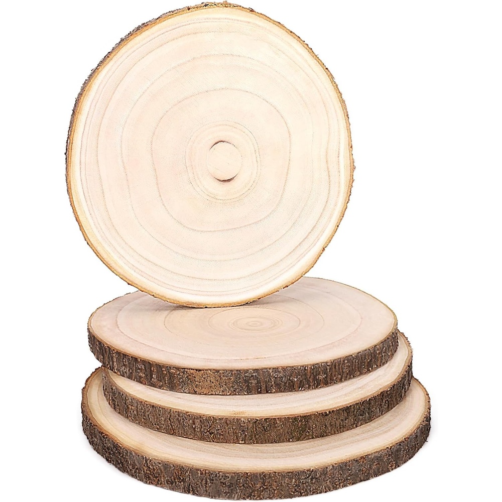 Caydo 4 Pieces 7-8 Inch Wood Slices for Centerpieces, Natural Round Wood with Bark for Table Centerpiece Decoration, Parties, Wedding, Housewarming
