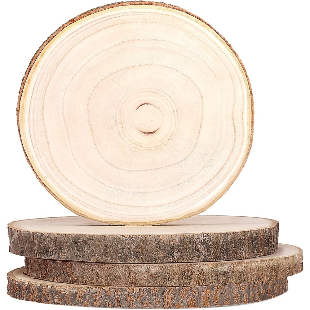 Caydo 4 Pieces 9-10 Inch Wood Slices, Wood Slices for Centerpieces Unfinished Wood Rounds for Wedding Decoration, Painting Projects, Baby Showers