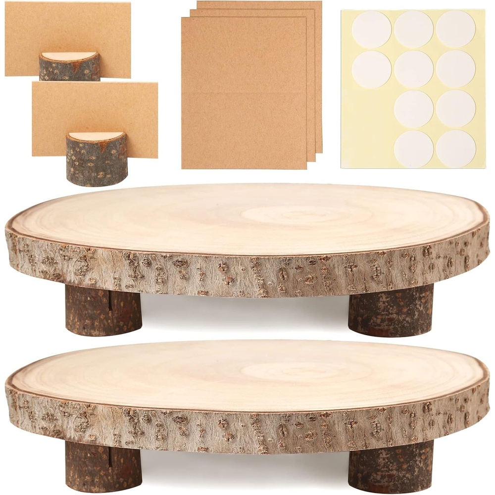 Caydo 2 Pieces 10-12 Inch Large Wood Slices with Table Holders as Wood Cake Stands, Serving Trays for Table Centerpiece, Wedding Party, Baby Showers, Housewarming