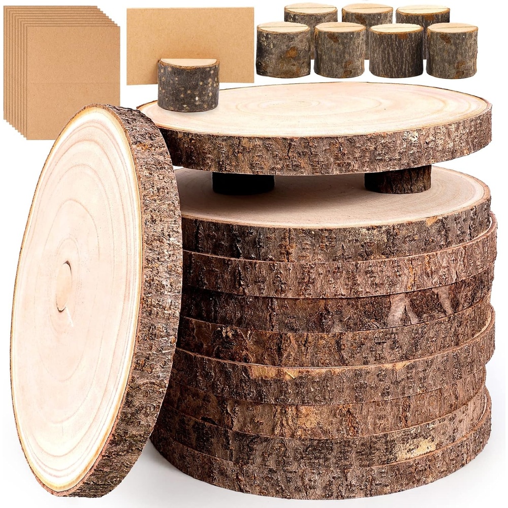 Caydo 10 Pieces 11-12 Inch Wood Slices for Centerpieces with 10 PCS Wood Table Number Holders and 10 PCS Card for Wedding Table Centerpiece Decoration, Woodland Themed Parties, Baby Showers