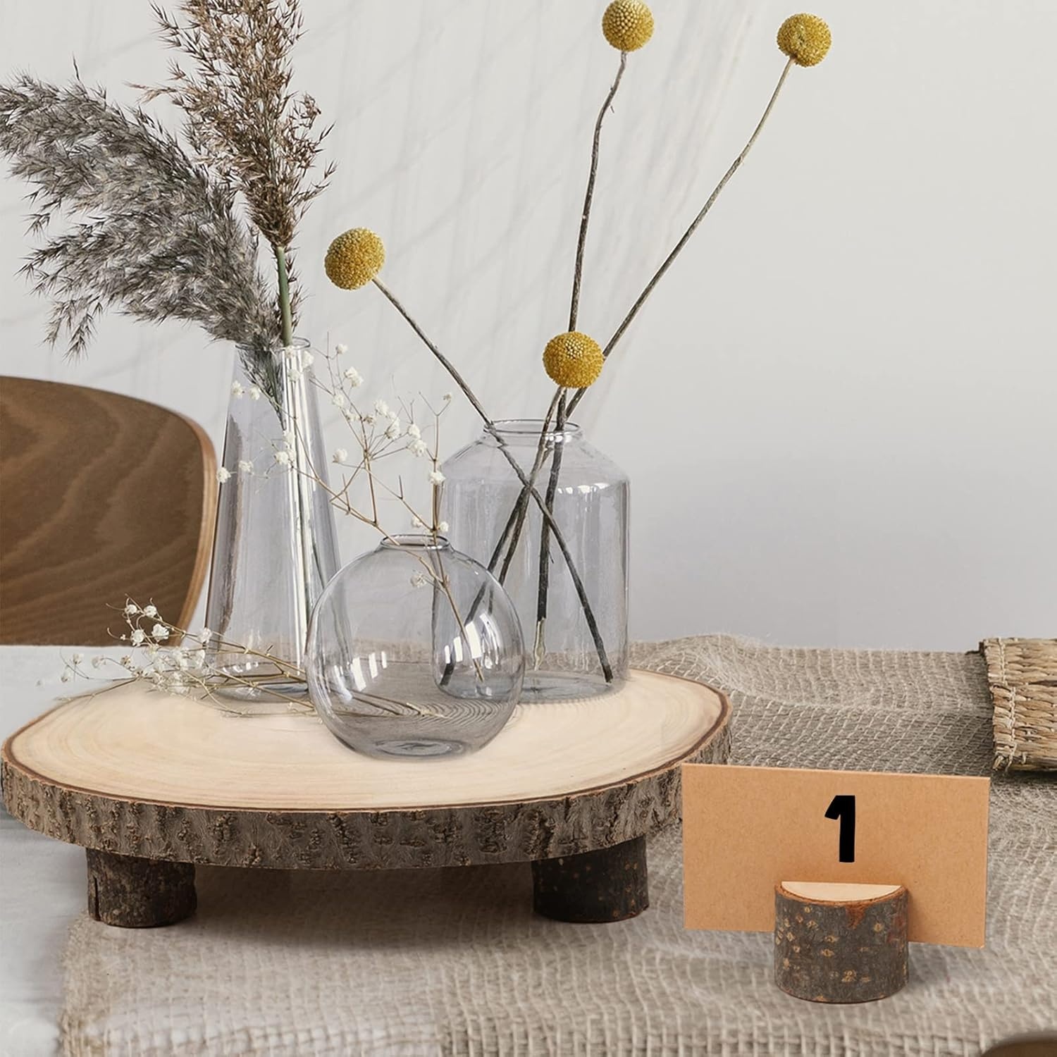 Caydo 10 Pieces 11-12 Inch Wood Slices for Centerpieces with 10 PCS Wood Table Number Holders and 10 PCS Card for Wedding Table Centerpiece Decoration, Woodland Themed Parties, Baby Showers