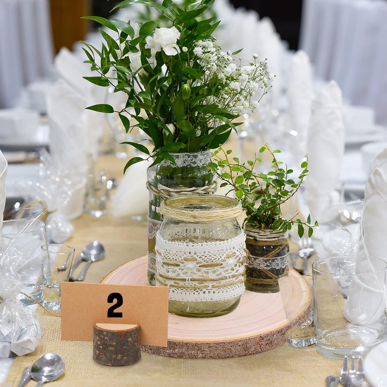 Caydo 10 Pieces 11-12 Inch Wood Slices for Centerpieces with 10 PCS Wood Table Number Holders and 10 PCS Card for Wedding Table Centerpiece Decoration, Woodland Themed Parties, Baby Showers
