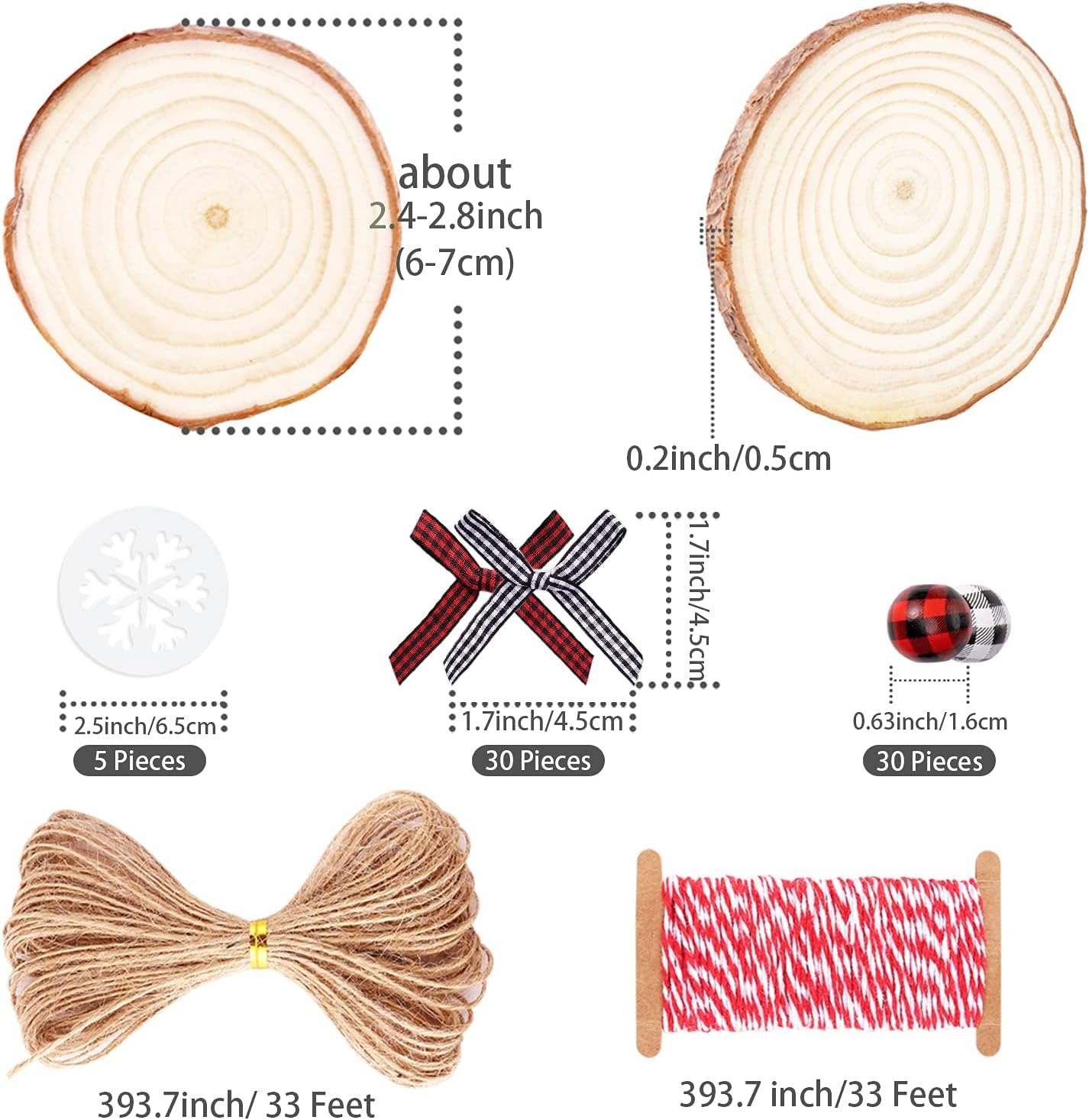 Caydo 30 Pieces 2.4-2.8 Inch Christmas Ornaments Kit Natural Wood Slices Kit, Christmas Bows, Wood Beads, Christmas Pattern Stencils, Jute Twine and String for Home Hanging Christmas Ornaments