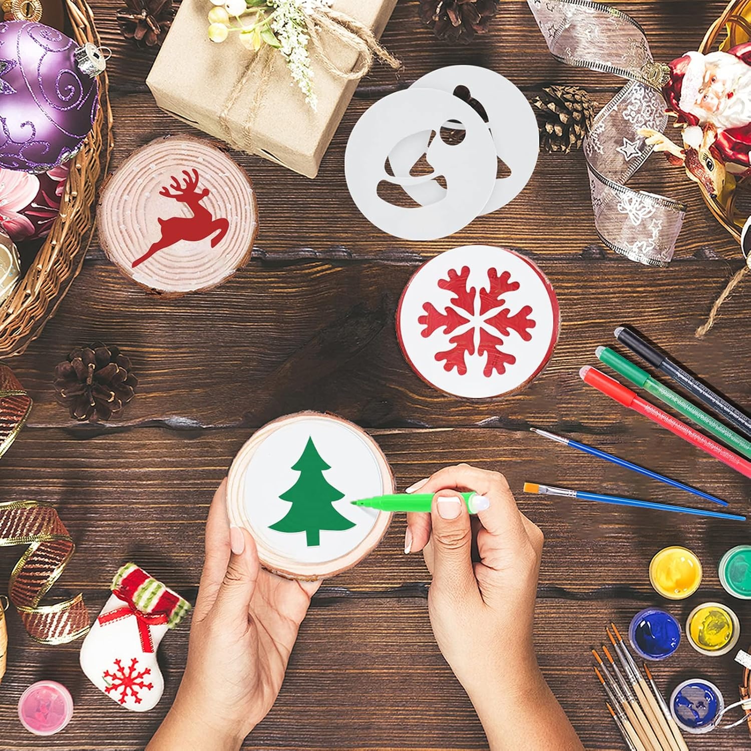 Caydo 30 Pieces 2.4-2.8 Inch Christmas Ornaments Kit Natural Wood Slices Kit, Christmas Bows, Wood Beads, Christmas Pattern Stencils, Jute Twine and String for Home Hanging Christmas Ornaments