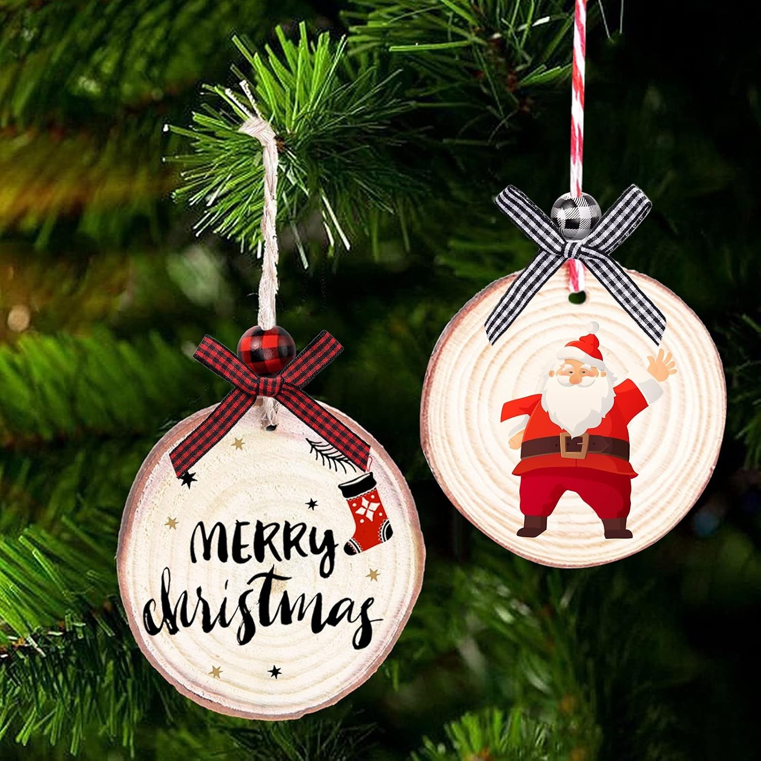 Caydo 30 Pieces 2.4-2.8 Inch Christmas Ornaments Kit Natural Wood Slices Kit, Christmas Bows, Wood Beads, Christmas Pattern Stencils, Jute Twine and String for Home Hanging Christmas Ornaments