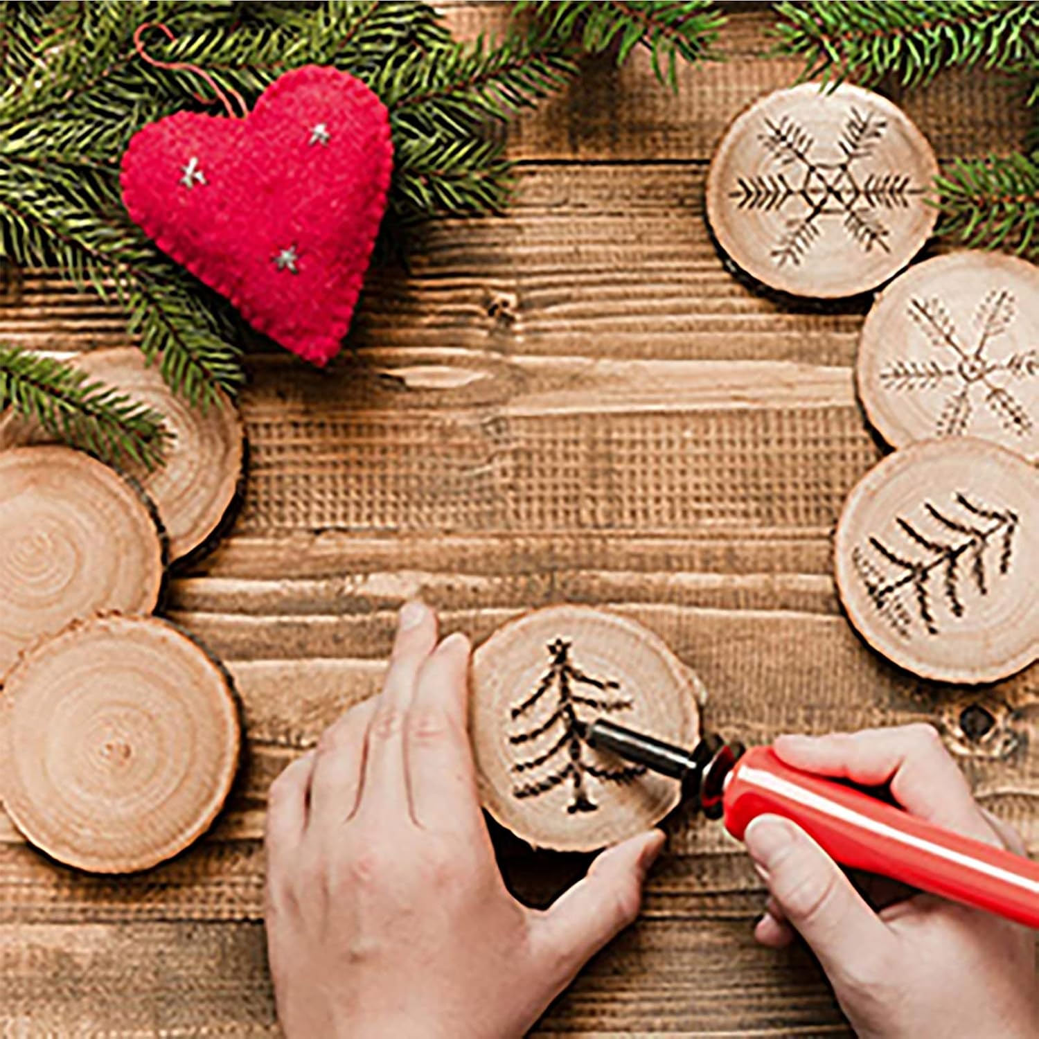 Caydo 30 Pieces 2.4-2.8 Inch Christmas Ornaments Kit Natural Wood Slices Kit, Christmas Bows, Wood Beads, Christmas Pattern Stencils, Jute Twine and String for Home Hanging Christmas Ornaments