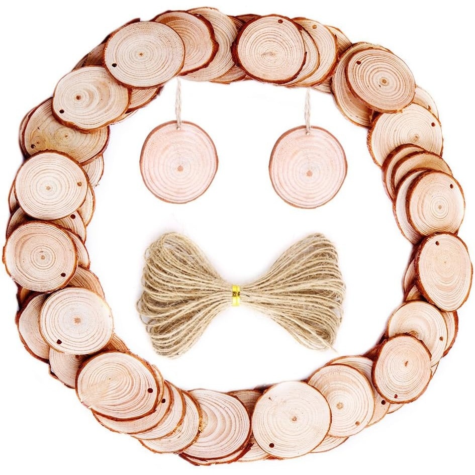 Caydo 50 Pieces 1.6-2 Inch Unfinished Wood Slices with Holes Round Log Discs with 33 Feet Natural Jute Twine for Wedding Ornaments and Home Hanging Decorations