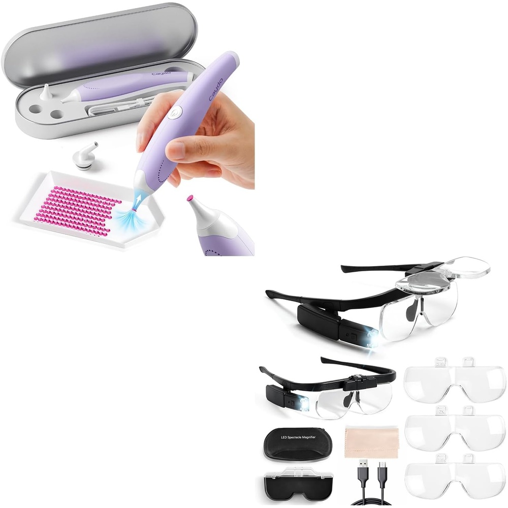 Caydo Purple Cordless Electric Diamond Painting Pen & Magnifying Glasses with Light for Diamond Art Kits