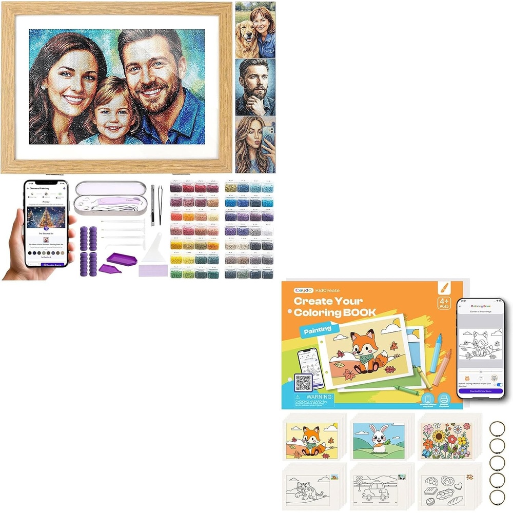 Caydo 3 Canvas Custom Diamond Painting Kit with Create Your Own Coloring Book for Kids with APP | 40 Sheets 160gsm Acid-Free Drawing Paper (Blank) for Gifts