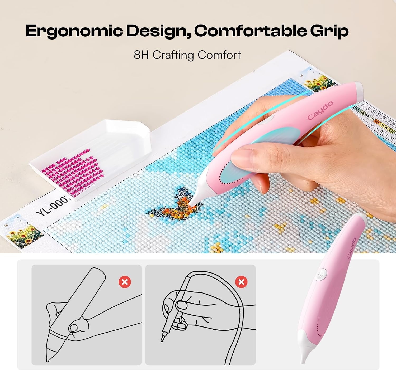 Caydo Electric Diamond Art Pen for Diamond Pating,Ergonomic Vacuum Art Tool | Pink, No Wax Need, 3PCS Replacment Tips, Comfort Grip, Time-Saving Vacuum Pick-Up, DIY Diamond Art Accessories for Adults