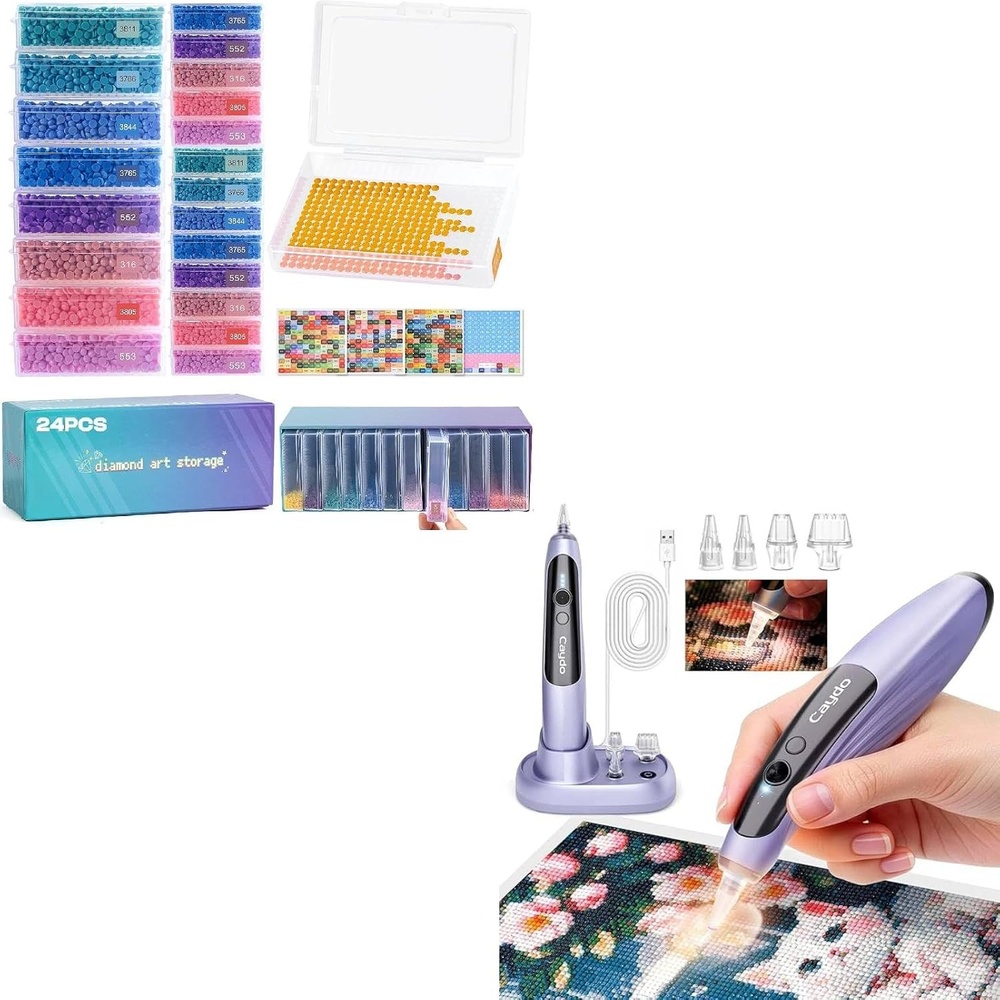 Caydo Electric Diamond Painting Pen Wireless with Light, 24PCS Diamond Art Trays with Lids, 2 Size Diamond Art Painting Storage Containers