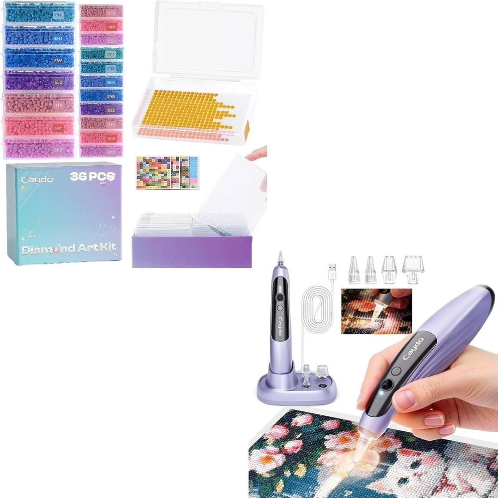 Caydo Electric Diamond Painting Pen Wireless with Light, 36Pcs Diamond Art Storage Trays with Lids, Large and Small Size Diamond Art Painting Containers, Diamond Art Kits for Adults