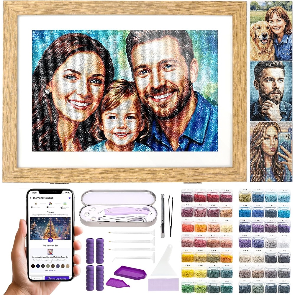 Caydo 3 Pack Quick Custom Diamond Painting Kit with Design App – Turn Photos into Diamond Arts, with 30,000PCS Diamonds in 56 Colors, Full Tools for Beginners Craft | No Waiting Weeks, Ready to Craft(A4 with Pen)