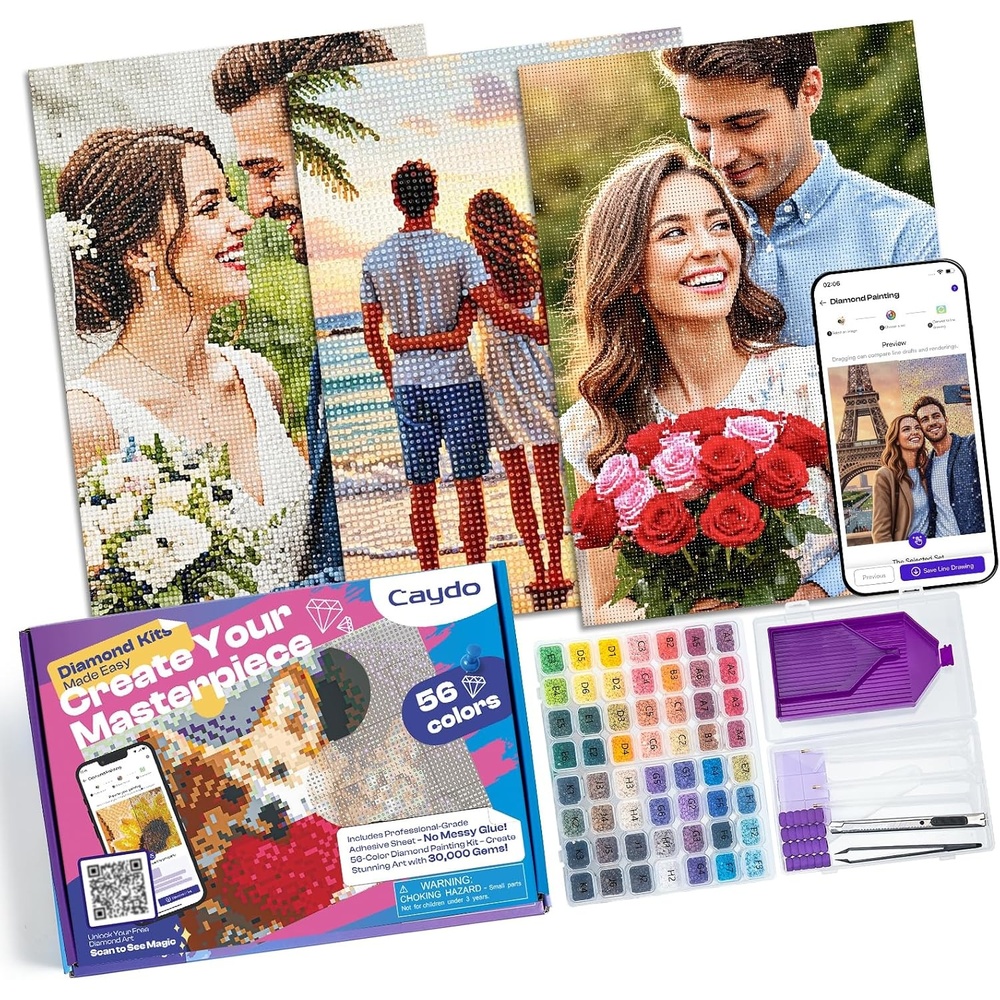 Caydo 3 Pack Quick Custom Diamond Painting Kit with Design App – Turn Photos into Diamond Arts, with 30,000PCS Diamonds in 56 Colors, Full Tools for Beginners Craft | No Waiting Weeks, Ready to Craft(A4)