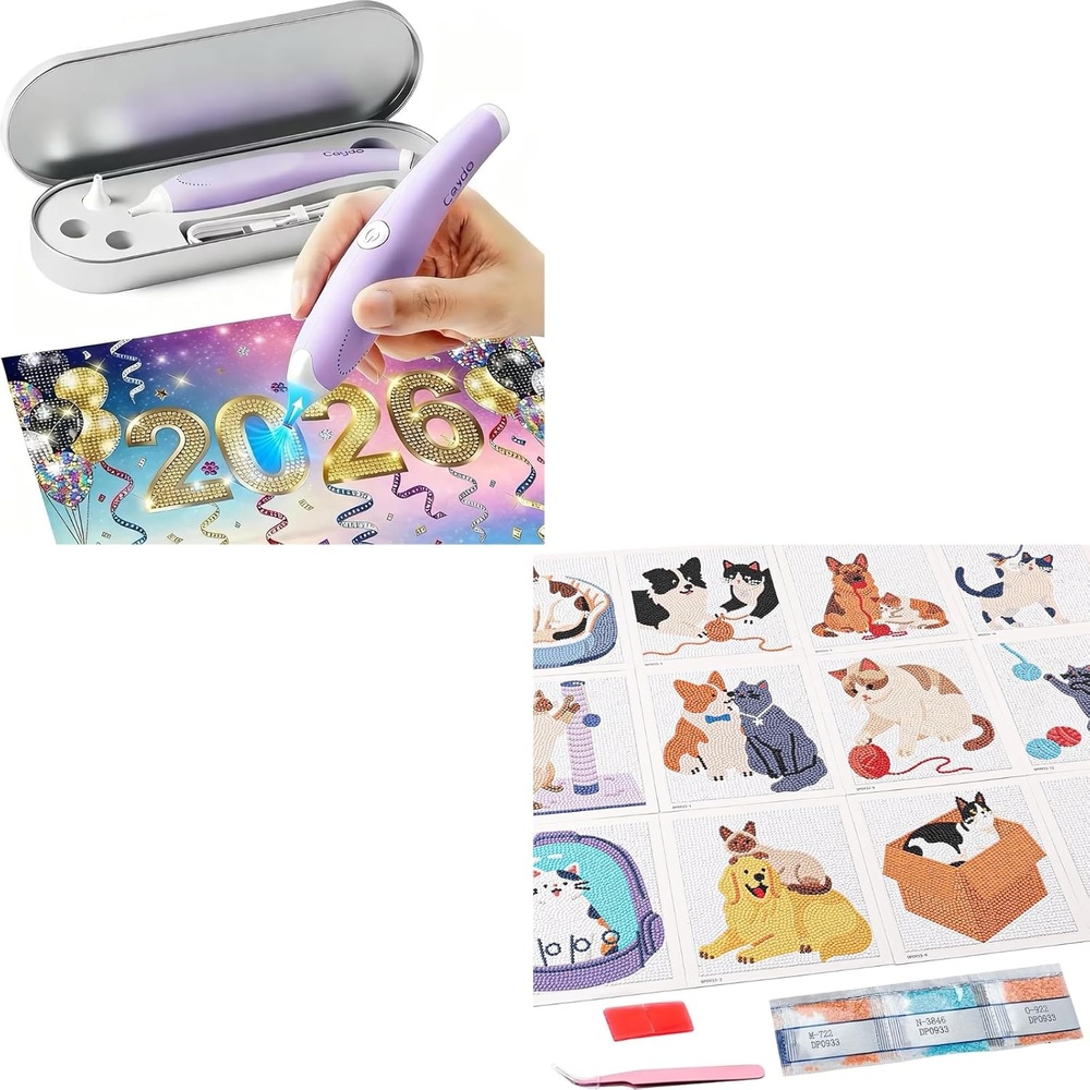 Caydo Cordless Electric Diamond Painting Pen and 12 Pack Animal Themed Diamond Painting Kits