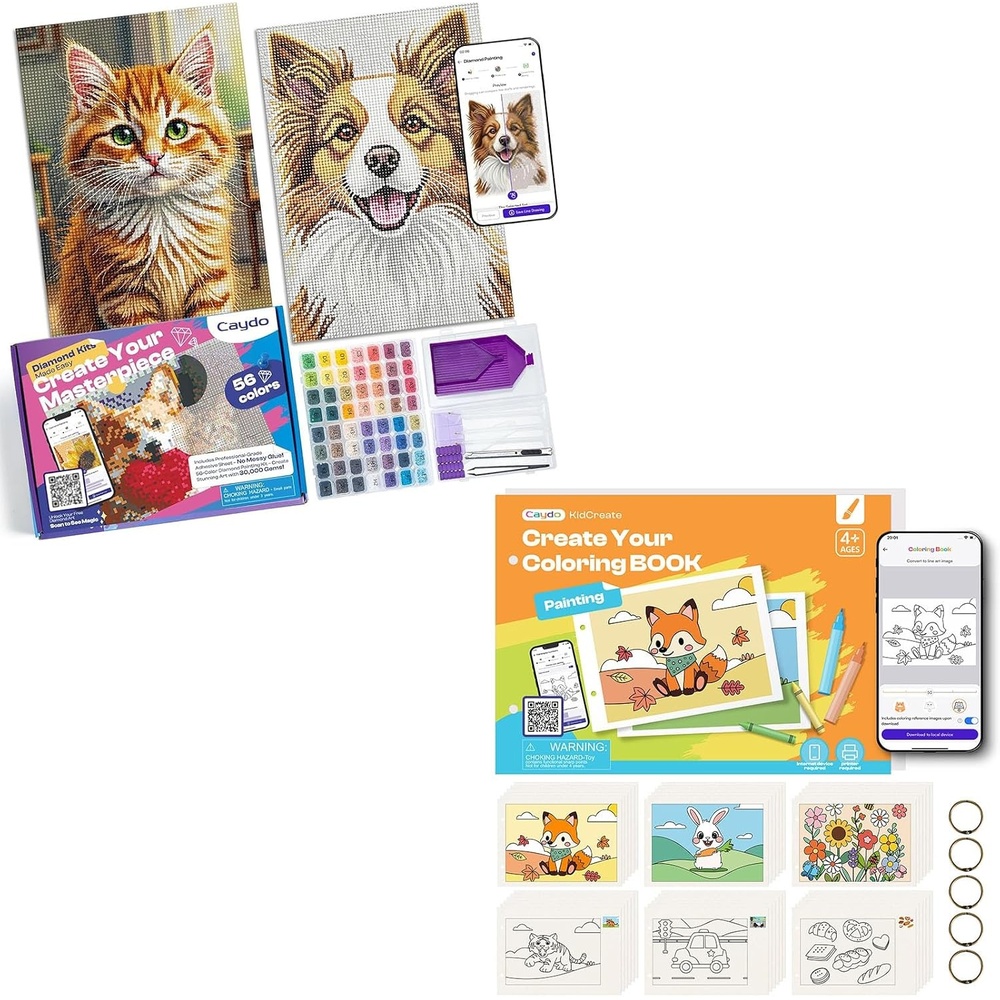 Caydo 3 Pack Quick Custom Diamond Painting Kit with Create Your Own Coloring Book for Kids with APP | 40 Sheets 160gsm Acid-Free Drawing Paper (Blank) for Gifts