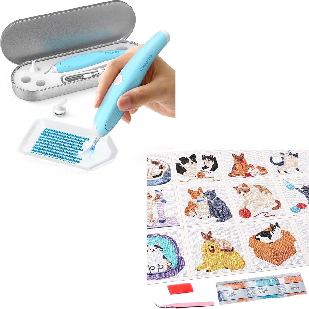 Caydo Cordless Electric Diamond Painting Pen and 12 Pack Animal Themed Diamond Painting Kits for Adults